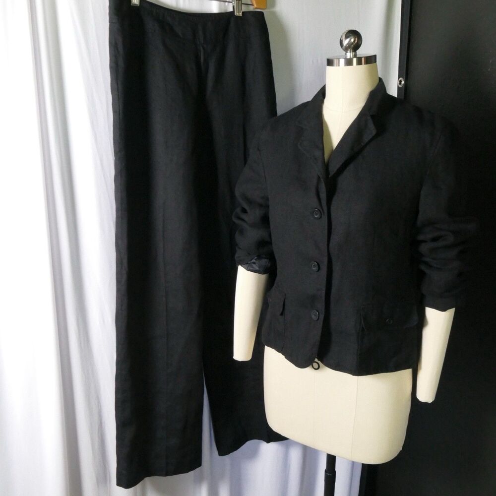 Talbots Irish Linen Career Suit 2 Pc Blazer Pants Set Black Women’s 6 8 Lined